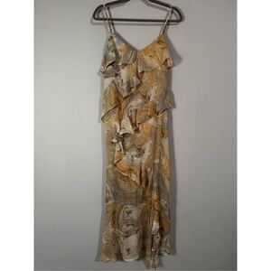 Blu Pepper Abstract Marbled Neutrals Chiffon Ruffle Slip Dress L
